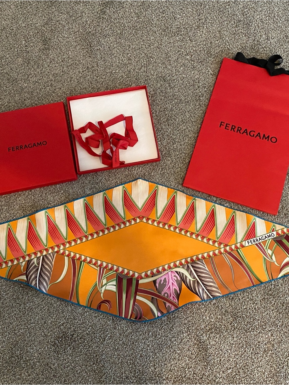 Salvatore Ferragamo Orange Multicolor Pure Silk Scarf Authentic